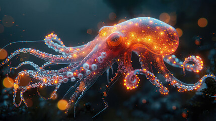 Enigmatic Vampire Octopus Drifts Through the Abyss, Its Red Glow Piercing the Darkness.