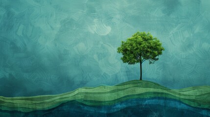 A lone tree in a patch of grass represents life for Earth Day. An Earth Day design with one tree in the center shows sustainability.
