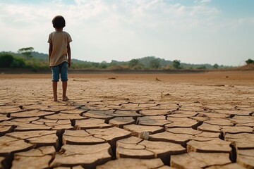 A lone child stands on the expansive, cracked ground, symbolizing isolation and environmental concern. Child Alone on Vast Cracked Dry Land - obrazy, fototapety, plakaty