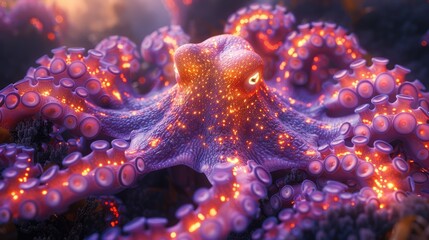 Starry Night Octopus Displays Its Stunning Colors Amidst the Underwater Shadows