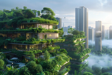 Eco-futuristic cityscape full with greenery, parks and green spaces in urban area - obrazy, fototapety, plakaty