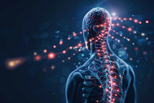 A minimalist profile depiction of the human nervous system. Glowing red orbs surround the spine and brain, suggesting relief through iris linen massage. Dark blue backdrop