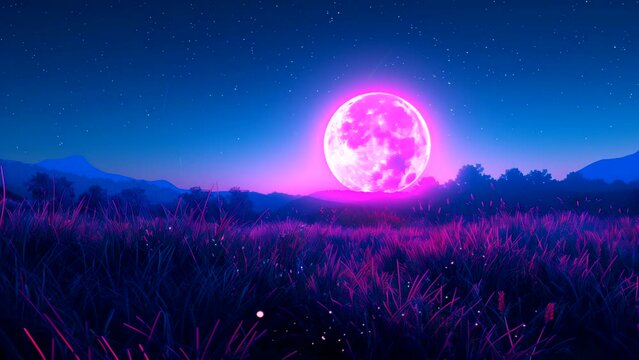 Full moon in the night sky over meadow landscape with neon light. seamless looping 4k time-lapse video background