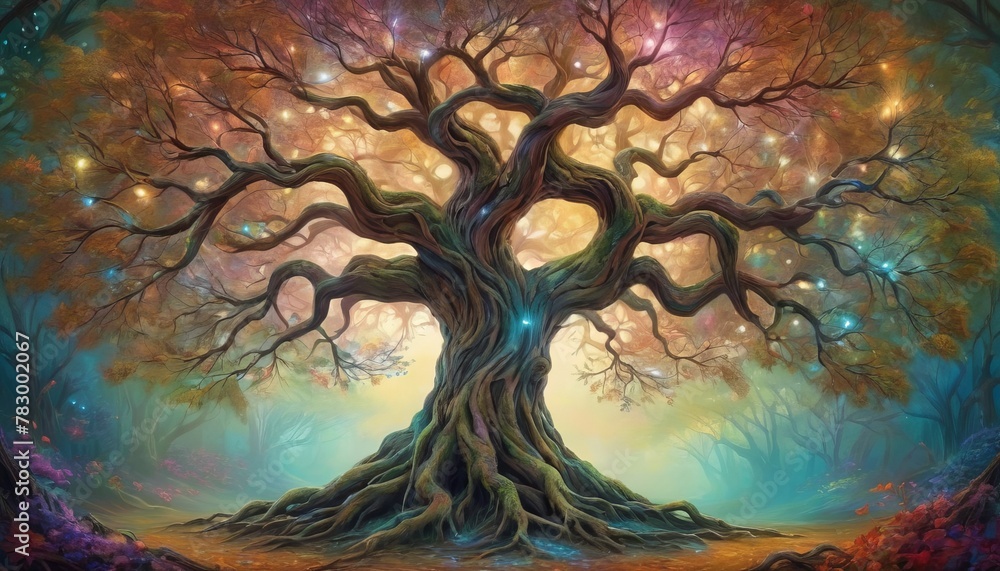 Poster an otherworldly tree with twisted branches and glowing leaves stands at the heart of a magical fores