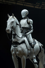 Naklejka premium A white human type robot on a white horse type robot, black background 