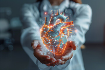 Female doctor holding virtual volumetric drawing of Heart in hand. Handrawn human organ, copy space on right side, grey hdr color. Healthcare hospital concept - obrazy, fototapety, plakaty