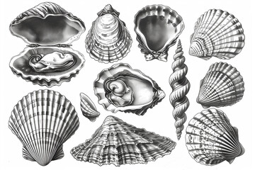 Shellfish seafood, hand drawn set. Oysters, mussels, scallop and other. Engraving style	