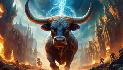 Foto op Plexiglas A powerful bull with glowing eyes stands at the forefront of an apocalyptic scene, with human figures battling amidst flames and lightning striking a gothic castle in the background. © video rost