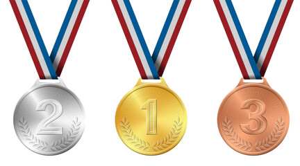 Golden, silver, bronze sports medal on ribbon realistic vector illustration. Set of medals for awarding champions and winners with laurel wreath and colored ribbons isolated on a white background.