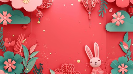 With bunny ear shape fortune poem paper with Chinese New Year decorations and plants on a red background with clouds and firework. Text: Good fortune for the new year. Draw it.