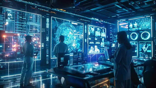 Data scientists work in a modern laboratory of a technology company on the development of a quantum computer. The concept of science, technology, machine learning, big data.