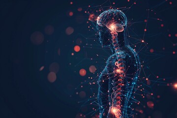 An illustration of the human nervous system in profile, with red spheres around the spine and brain indicating pain. Dark blue background, minimalist style.