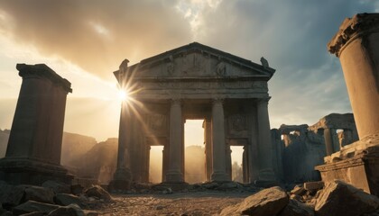 The sun breaks through the columns of an ancient temple, casting a golden light over the ruins with a dramatic sky in the background.