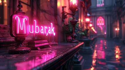 The "Eid Mubarak" font is depicted in a futuristic, neon-lit style, emitting a soft glow against a white background, reminiscent of a cyberpunk aesthetic