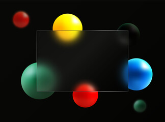 3D creative glass morphism background design. Transparent glass banner with multi-colored geometric spheres on a black background.