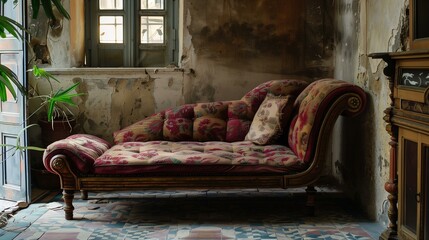 Chaise longue couch, window decor luxury apartment decoration - obrazy, fototapety, plakaty