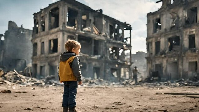A kid surrounded with destroyed buildings in war zone. Hoping for freedom