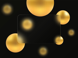 Glass morphism effect. Transparent glass banner. Golden spheres on a black background.