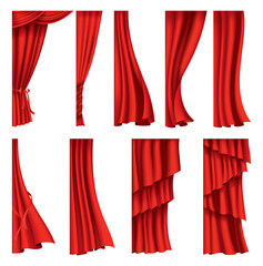 Red curtains realistic collection. Theater fabric silk decoration for movie cinema or opera hall. Curtains and draperies interior decoration object. Isolated on white for theater stage