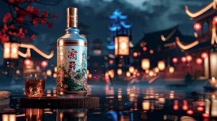 The background is a traditional chinese structure. The bottle has Chinese writing on it, and the cup floats on the water, creating the illusion of being on water. The text reads: Centuries of - obrazy, fototapety, plakaty