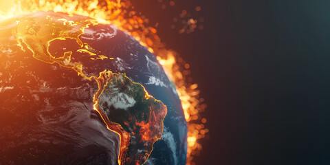 Earth globe burning into flames, America destroyed by fire, conceptual illustration of global warming, temperature increase, extreme heat and climate change disaster