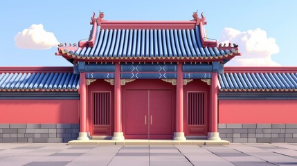 In this 3D illustration, a classic Chinese design structure is seen with a red wall, grey blue tiles and a roof.