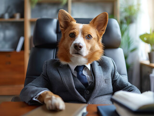 A dog boss wearing a formal business suit in a corporate office for a meeting, discussion, collaboration or interview. Finance and Lawyer. Thinking ideas. Success and win. Looking at camera.