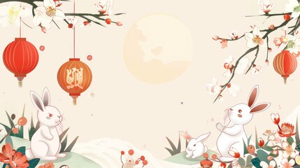This pastel Japanese style greeting card features a rabbit, Chinese blessings, and new year elements in the border. Text: Wishing you great success ahead in 2023.
