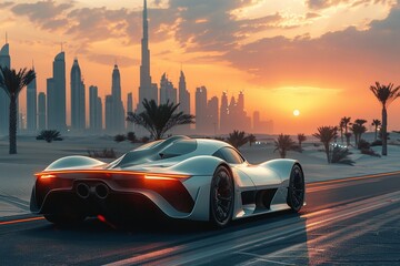 Dreams of the future materialize on a deserted desert road as a sleek, futuristic supercar basks in the warm glow of the Dubai sunset - obrazy, fototapety, plakaty