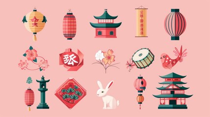 Set of cutest CNY elements isolated on pink background. Includes temple, doufang, red envelope, camellia, japanese pine, rabbits, carp fish, lanterns, flowers, drums, paper fans, gourds, and