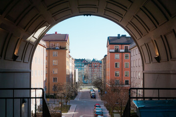 view of city through tunnel