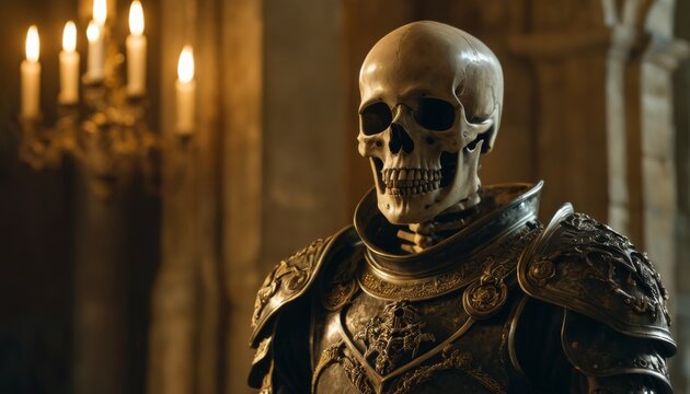 An imposing armored skeleton stands as a knight in a candlelit hall, an evocative image merging medieval warfare and the concept of death.