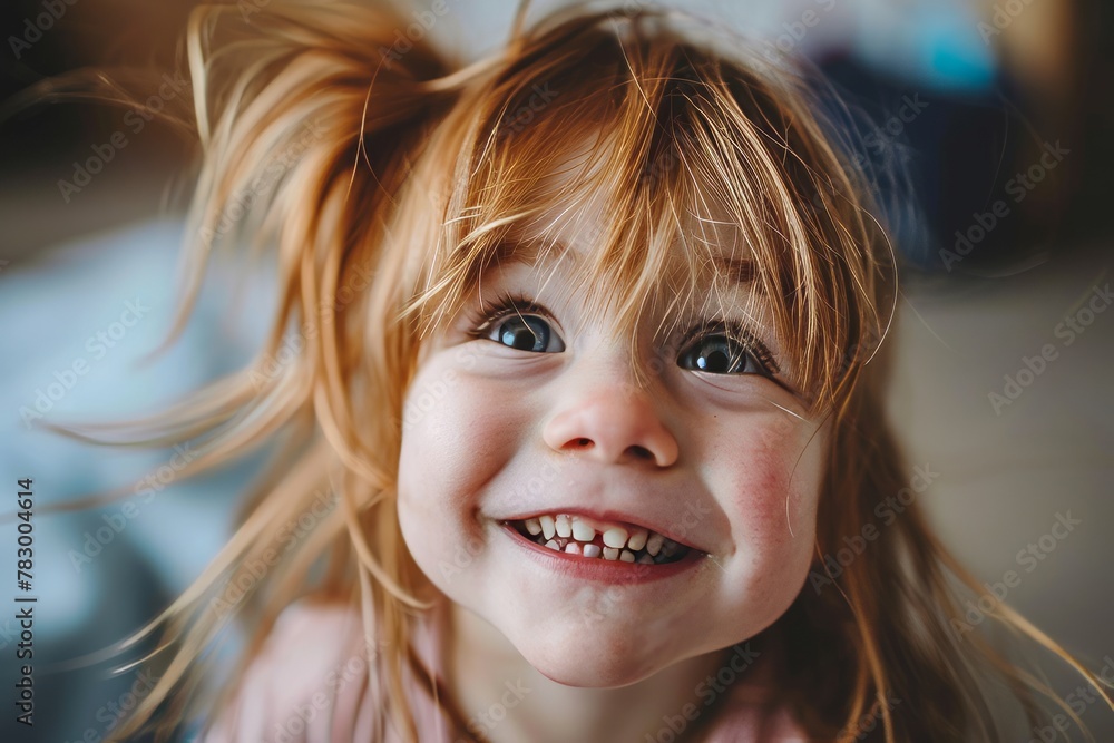 Wall mural portrait of a cute little girl with red hair smiling at the camera