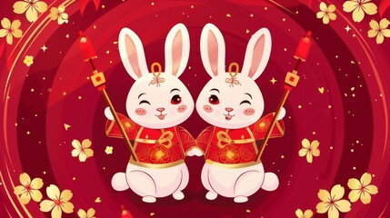 Featuring cute bunnies in traditional costumes on a red background, this Chinese new year illustration shows fortune sticks. Text: Draw..