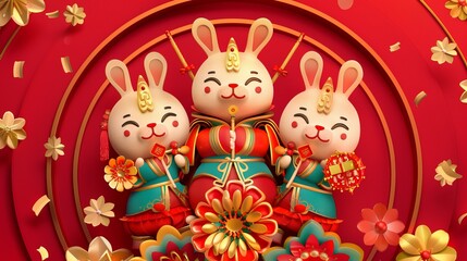 An illustration of Chinese new year featuring bunnies dressed in traditional costumes on a radial background with Chinese characters.