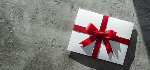 Fototapeta na wymiar Blank white gift card with red ribbon 