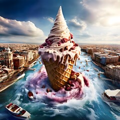 Giant ice cream cone melting and creating a river through a city, with boats floating down it - obrazy, fototapety, plakaty
