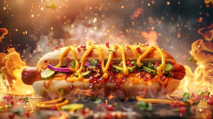 An ad template showing a delicious hot dog with cheese and vegetables on a flaming fire background in 3D.
