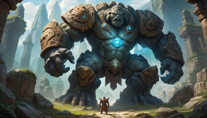 Fototapeta premium A colossal stone guardian looms over a lone adventurer in a vast landscape, evoking a story of ancient civilizations and epic quests in this captivating fantasy artwork. AI Generation