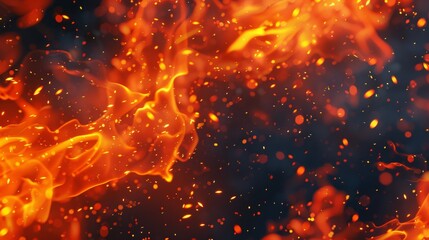Fire flames and sparks illustrated in 3D on dark background. - obrazy, fototapety, plakaty
