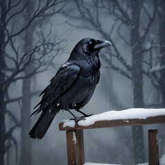 Fototapeta premium The image could be named Black crow and white raven perched on a snowy branch