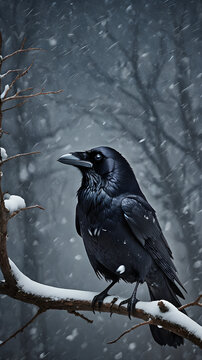 The image could be named Black crow and white raven perched on a snowy branch