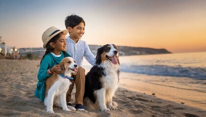 Two little children, a very happy girl and a boy, playing with their dog