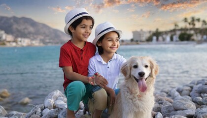 Two little children, a very happy girl and a boy, playing with their dog