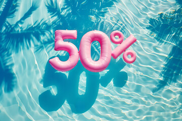 Summer sale 50 percent discount. Overhead view of a swimming pool with inflatable pool floats - 783005232