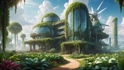 Eco-friendly futuristic habitats nestle in a lush landscape with tall wind turbines, symbolizing a harmonious blend of nature and technology.. AI Generation