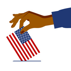 A woman's hand holding a ballot in the form of an American flag. US presidential election concept. Vector illustration