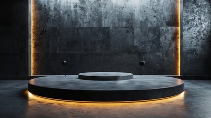 The stage platform for displaying products is circular, black, looks premium, has realistic lighting, and a clean backdrop.
