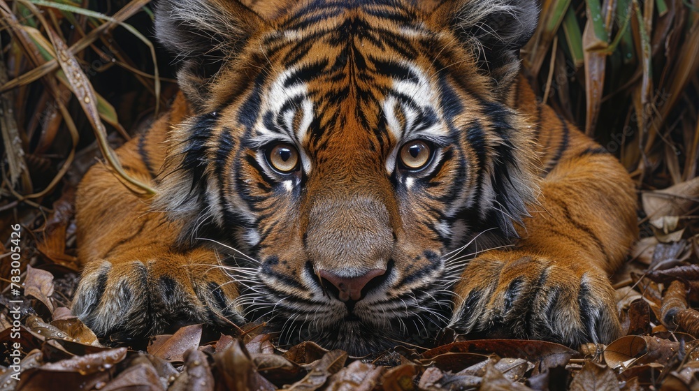 Wall mural Sumatran Tiger in Natural Habitat. Tiger's Gaze. Frontal Portrait of Panthera tigris sumatrae, Piercing Eyes Reflecting Its Enigmatic Nature. - Wall murals