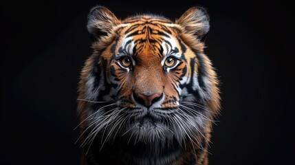 Sumatran Tiger in Natural Habitat. Tiger's Gaze. Frontal Portrait of Panthera tigris sumatrae, Piercing Eyes Reflecting Its Enigmatic Nature. - obrazy, fototapety, plakaty